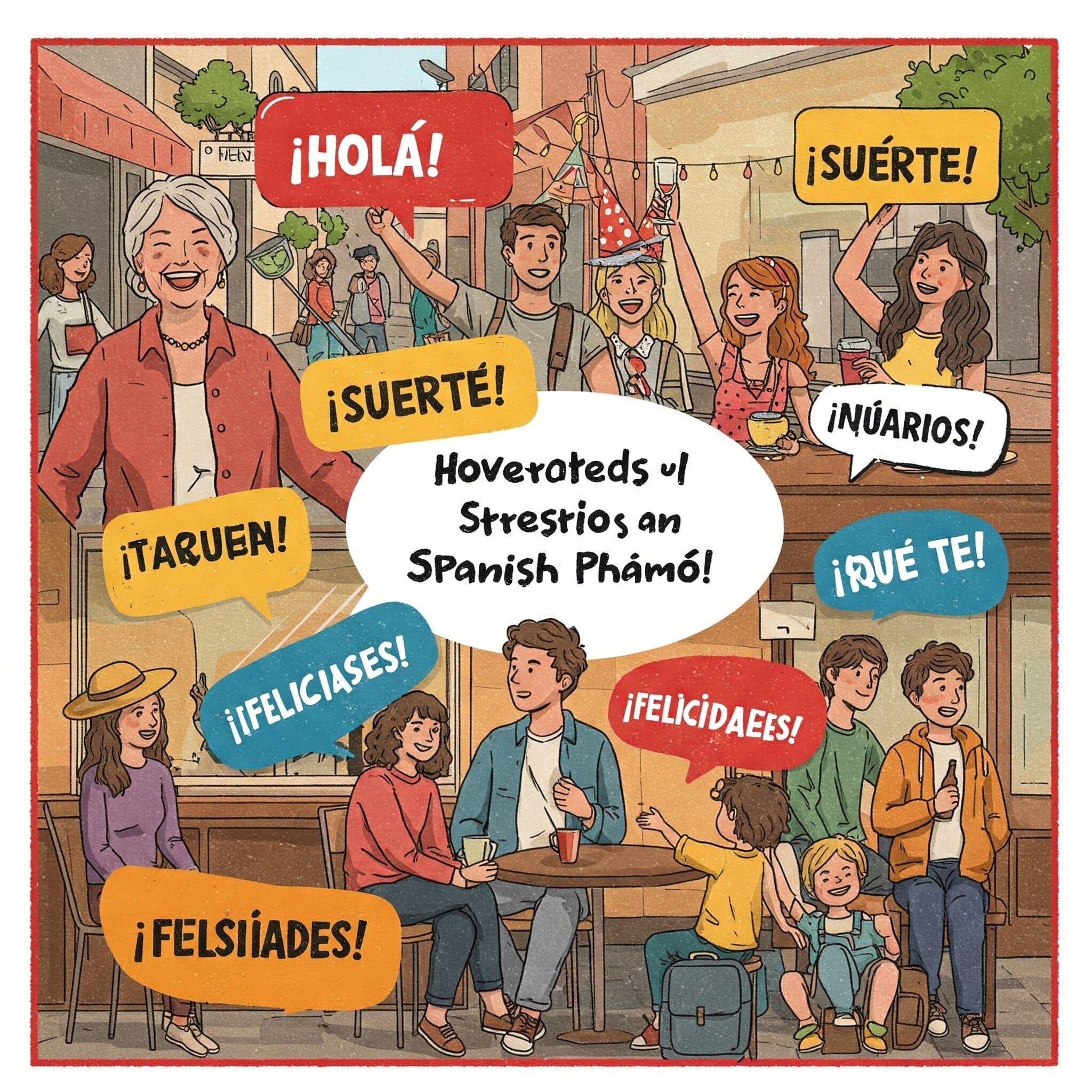 多様な人々がスペイン語の吹き出しで表現されており、「¡Hola!」「¡Suerte!」「¡Felicidades!」といった挨拶や願い、さらには心のこもった「お大事に」といった、文化の融合を示す言葉も含まれています。.