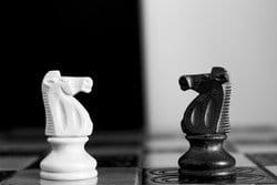 チェス盤上の 2 つのスペインのチェスの駒。 チェス盤上の 2 つのスペインのチェスの駒。