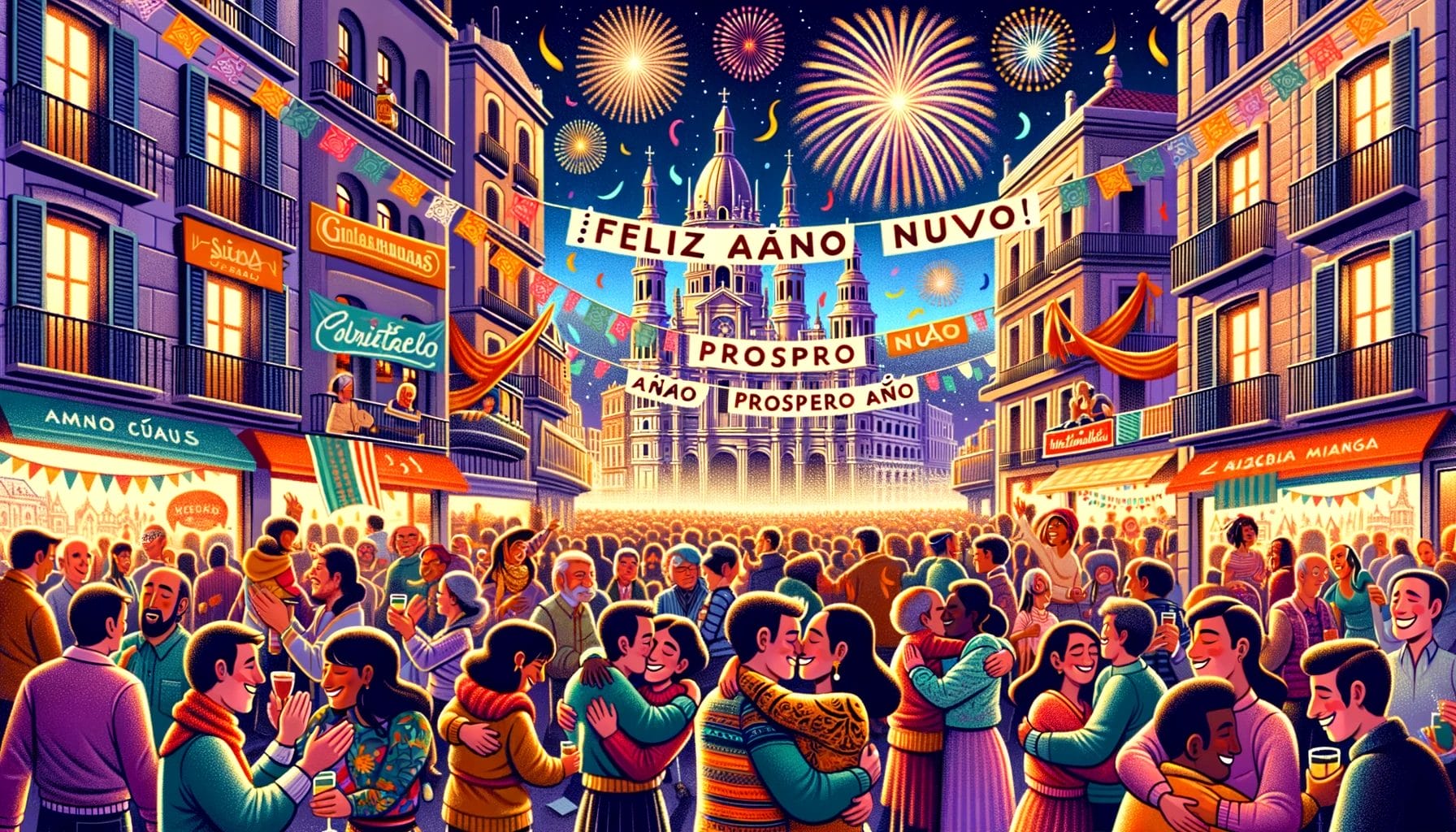 活気に満ちたスペイン語文化と伝統的な年末年始の挨拶を描いた、街の人々の群衆のイラスト。