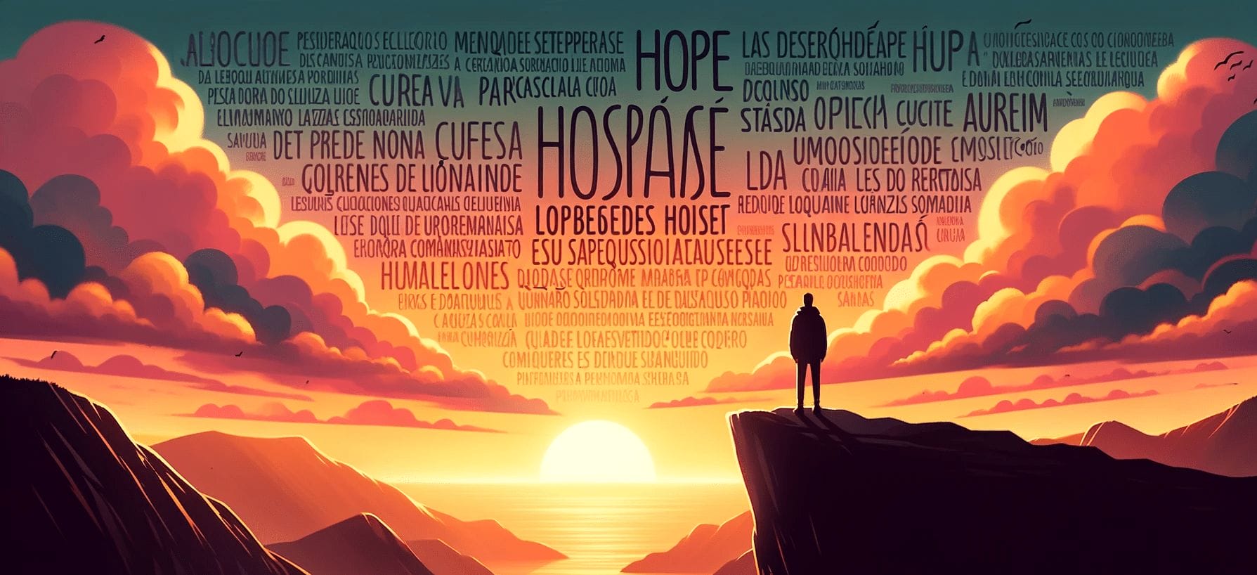 男は夕日を見下ろす崖の上に立って、スペイン語のことを思い出しています。