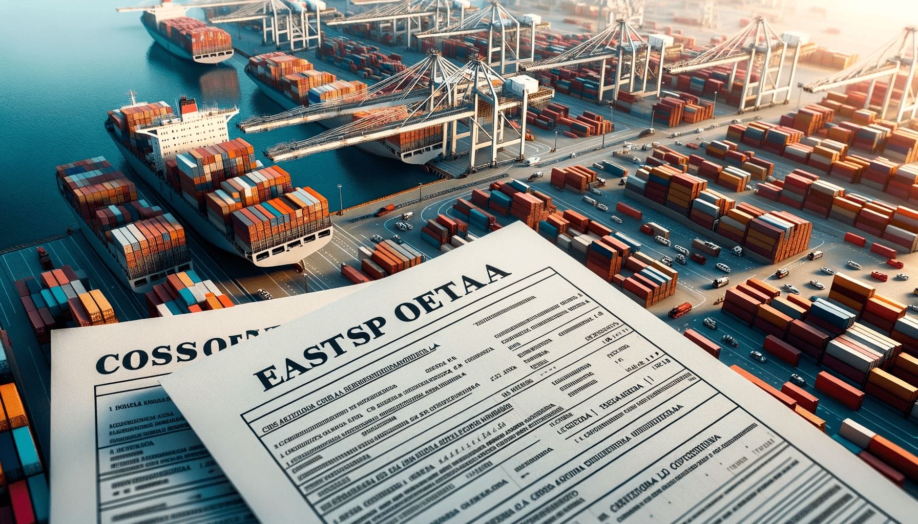 Coast to Coastという単語が書かれた書類をコンテナ船の上に置き、スペイン語で輸出入に関する表現を学びます。