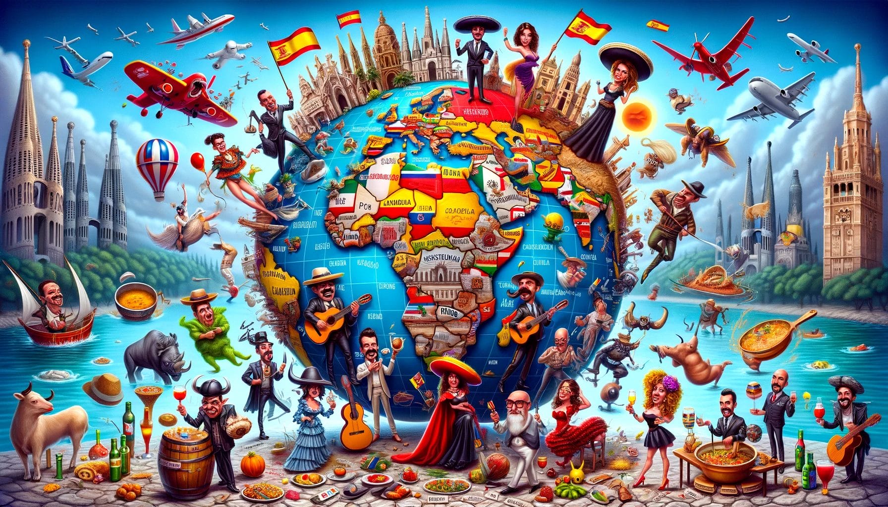 さまざまな国籍の人々が描かれた世界地図。