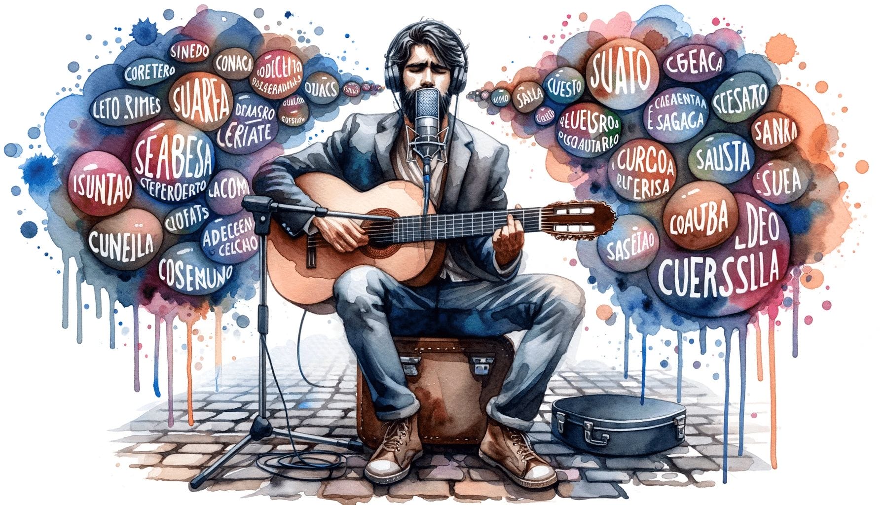 スペイン語を語りながら弾く男性のアコースティックギターの姿。