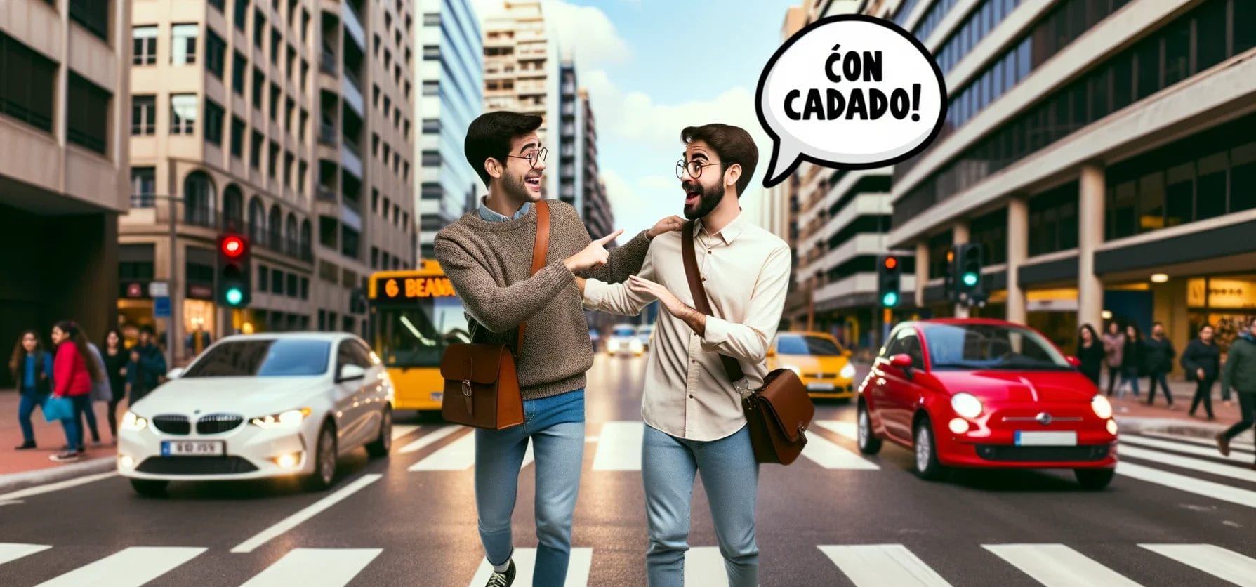 吹き出しの中で通りを横切る 2 人の男性。日常会話に役立つフレーズでスペイン語で「慎重に」を表現しています。