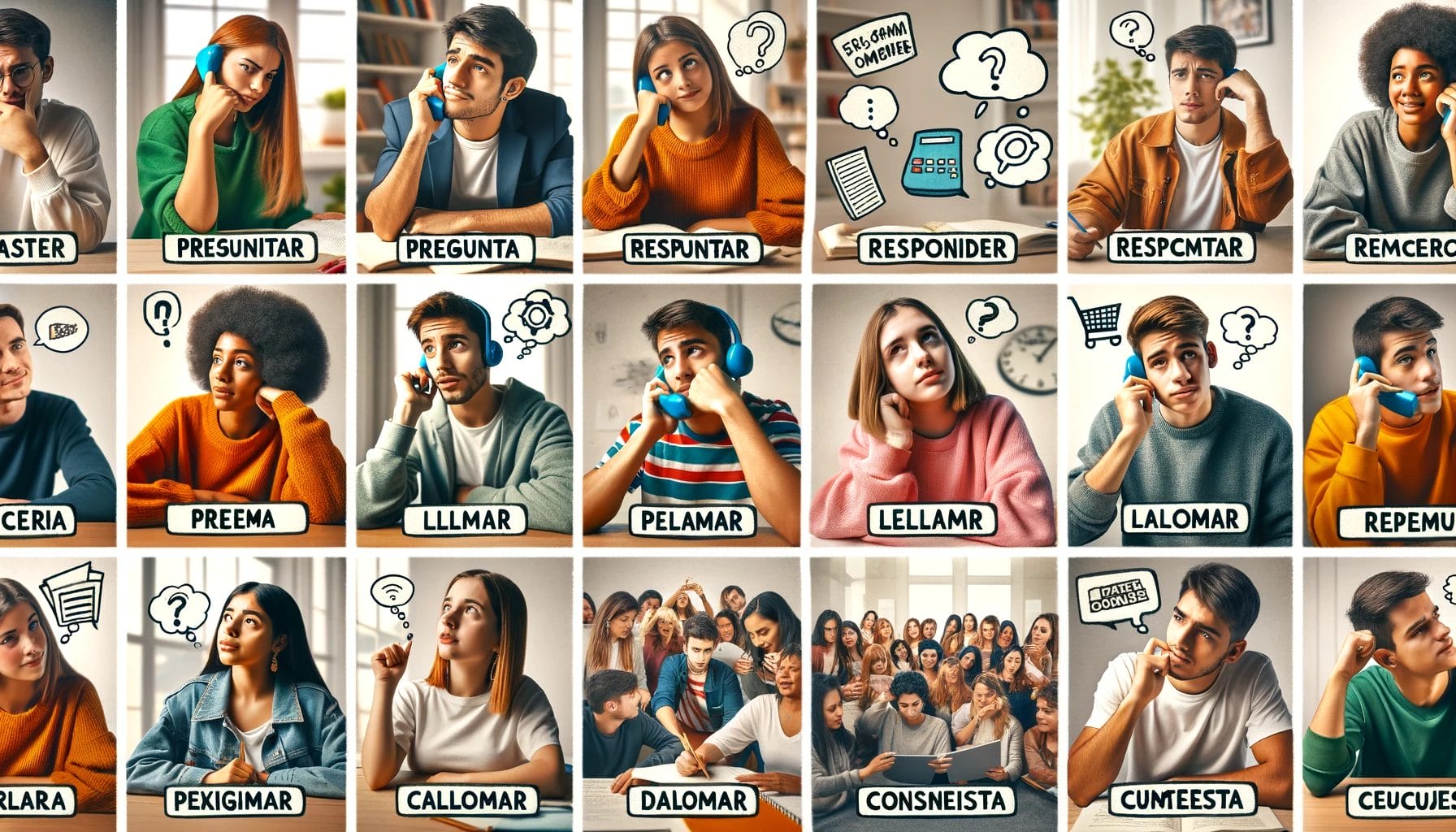 人々のグループがテーブルに座り、スペイン語で答えています。