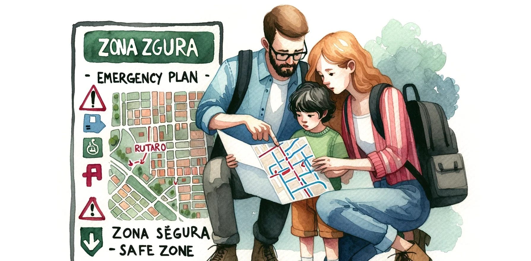 緊急事態中に地図を見ている家族のイラスト。