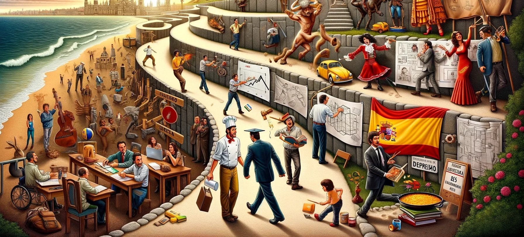 ビーチで楽しむ人々の活気に満ちた絵。「スペイン語」と「学ぶ」というキーワードが文化的没入と言語学習の要素を加えています。