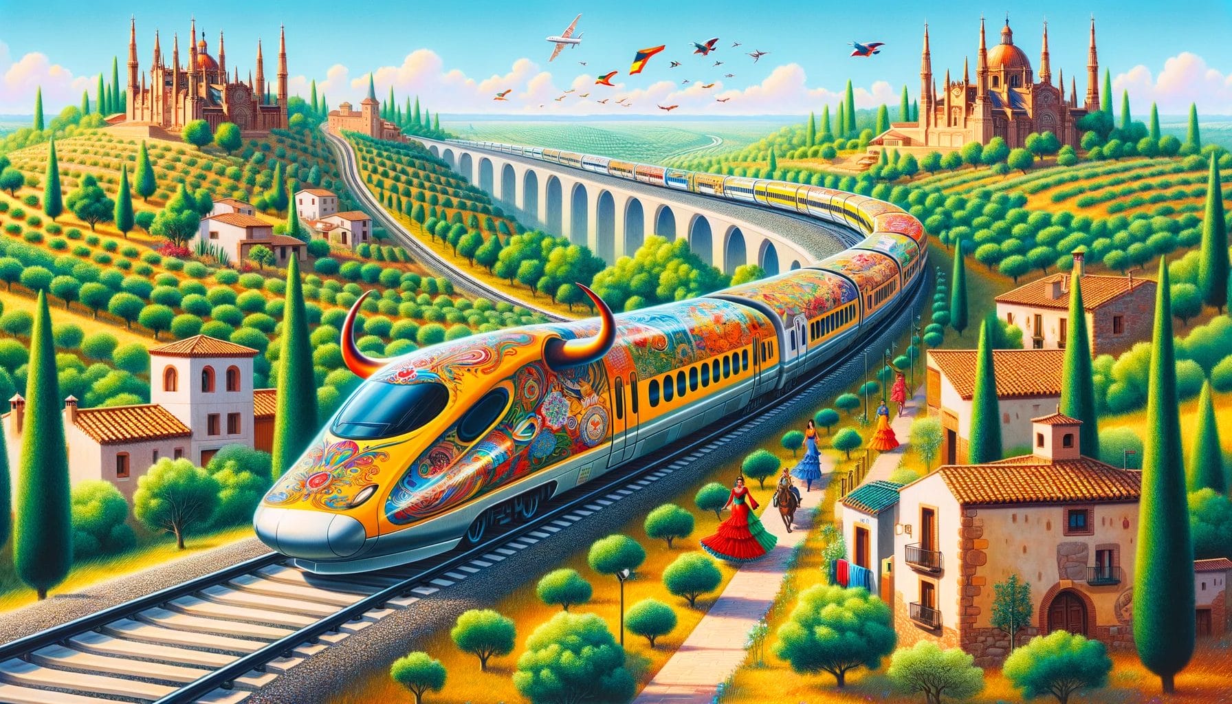一幅スペイン語の新幹線の絵画。