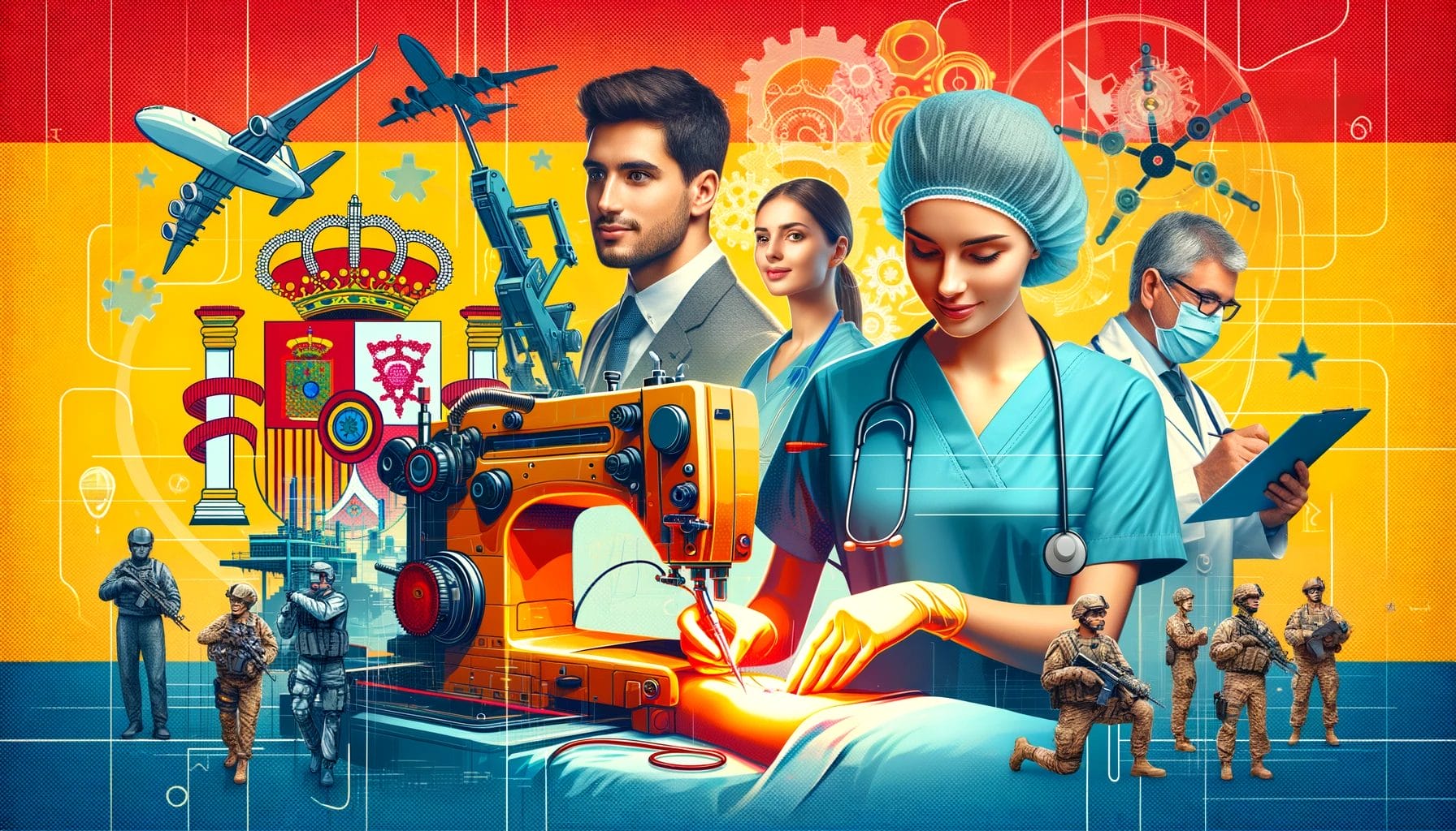 スペイン国旗の前でミシンを持ってオペラシオンを演じる人々のグループ。