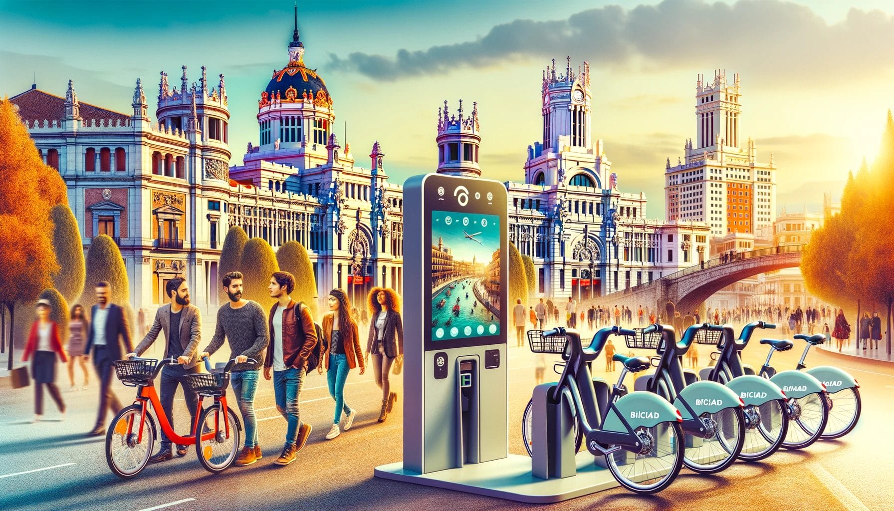 マドリッド市（マドリッド市）の路上でパブリックレンタサイクル（公共レンタル自転車）を利用して自転車に乗る人々のグループ