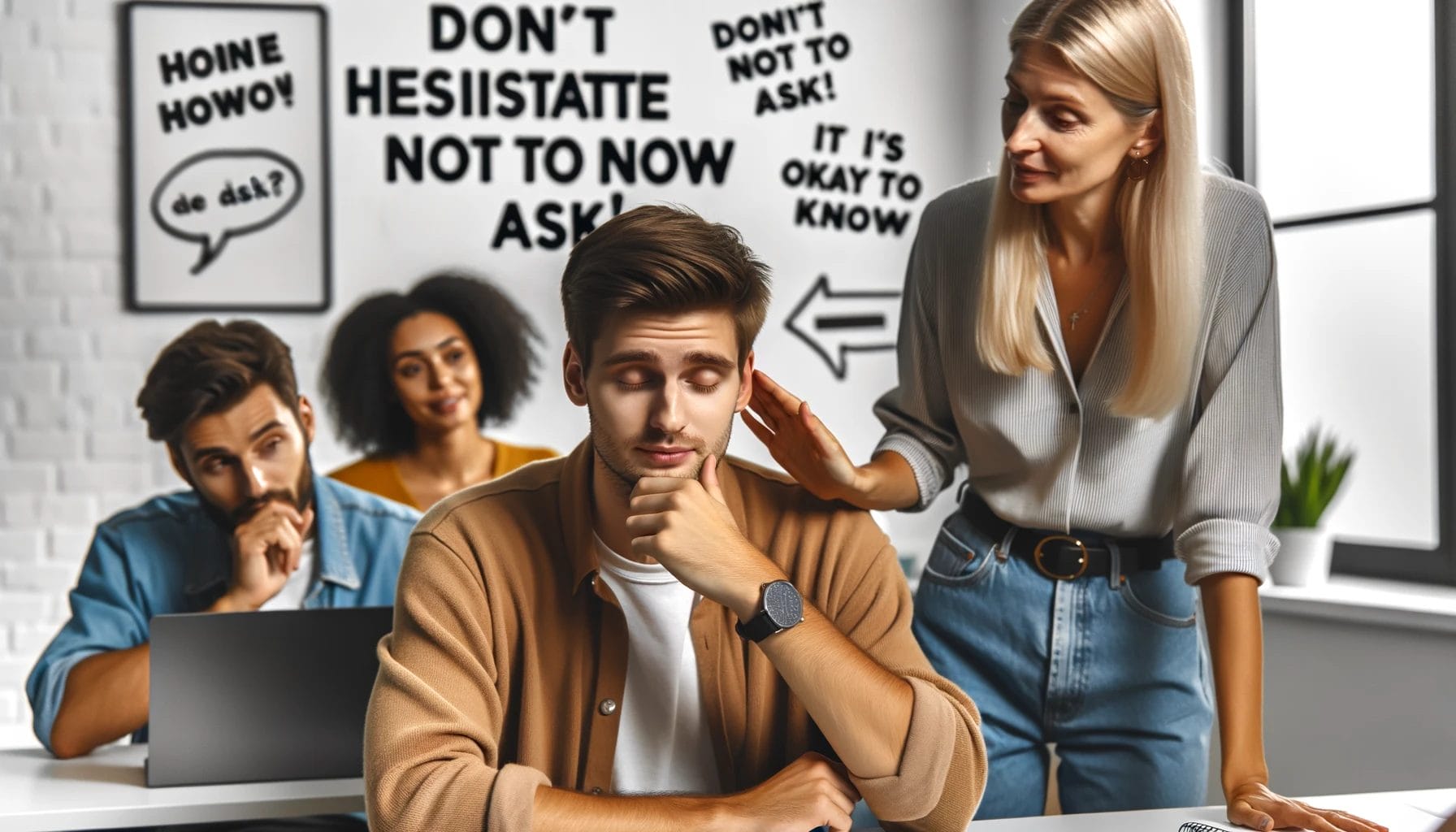 「アホラ・ノー・ガイ・アン・プレガンタル」と書かれた看板を掲げたオフィスにいる人々のグループ。