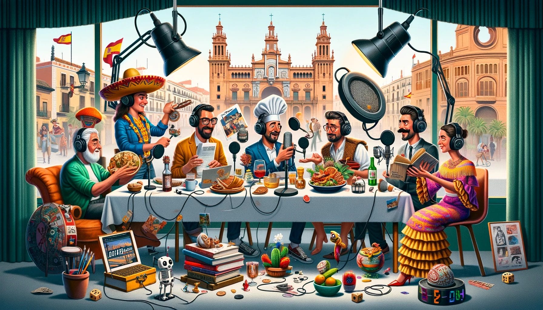 テーブルの周りに座っている人々のグループを描いたスペイン風の絵画。