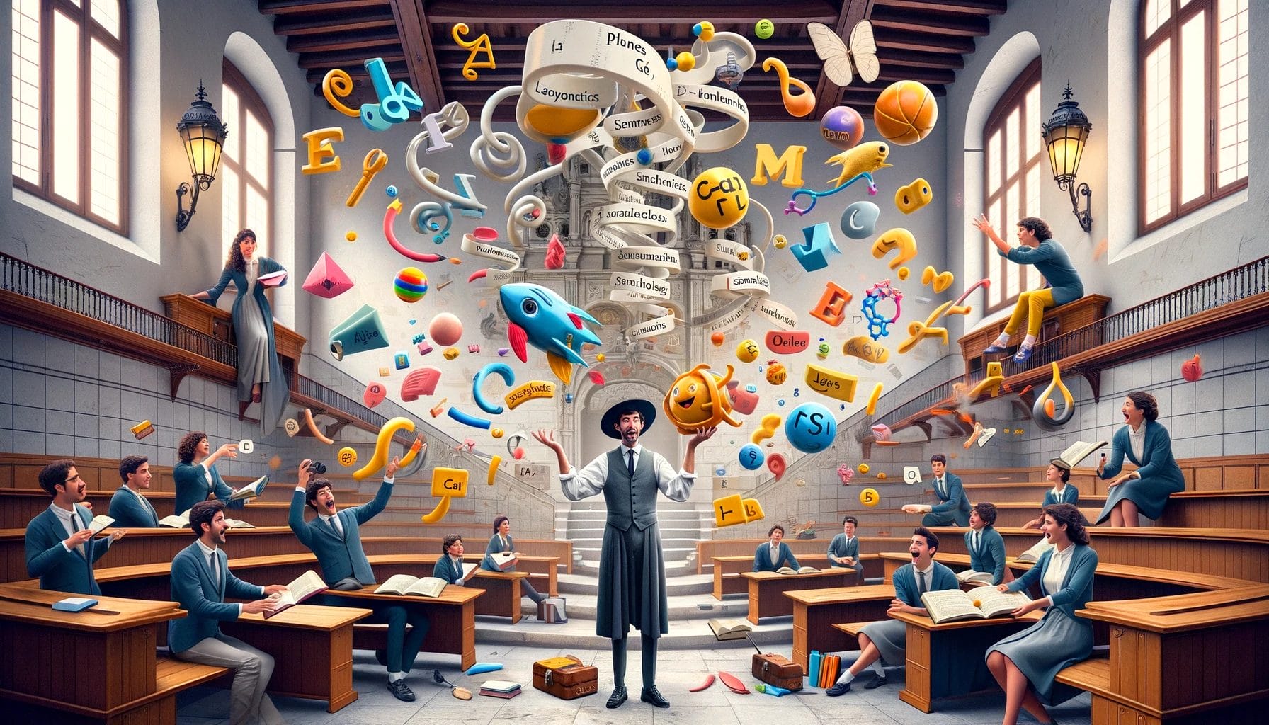 たくさんのアイコンが飛び交う教室にいる言語学とスペイン語学習者のグループ。