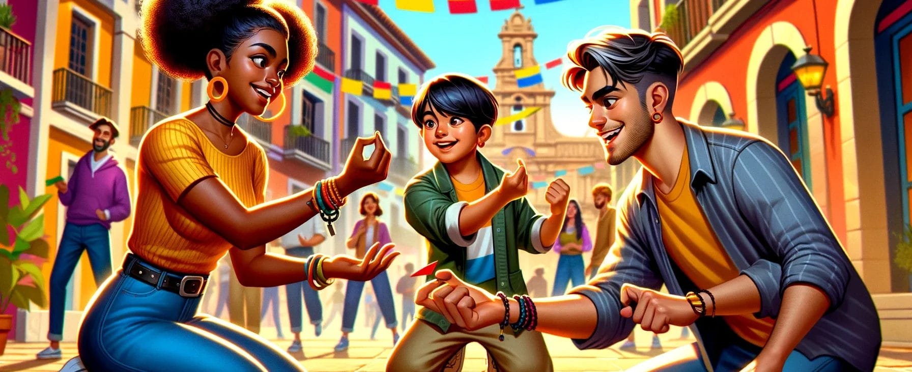 路上でじゃんけんぽんをする人々のグループ。