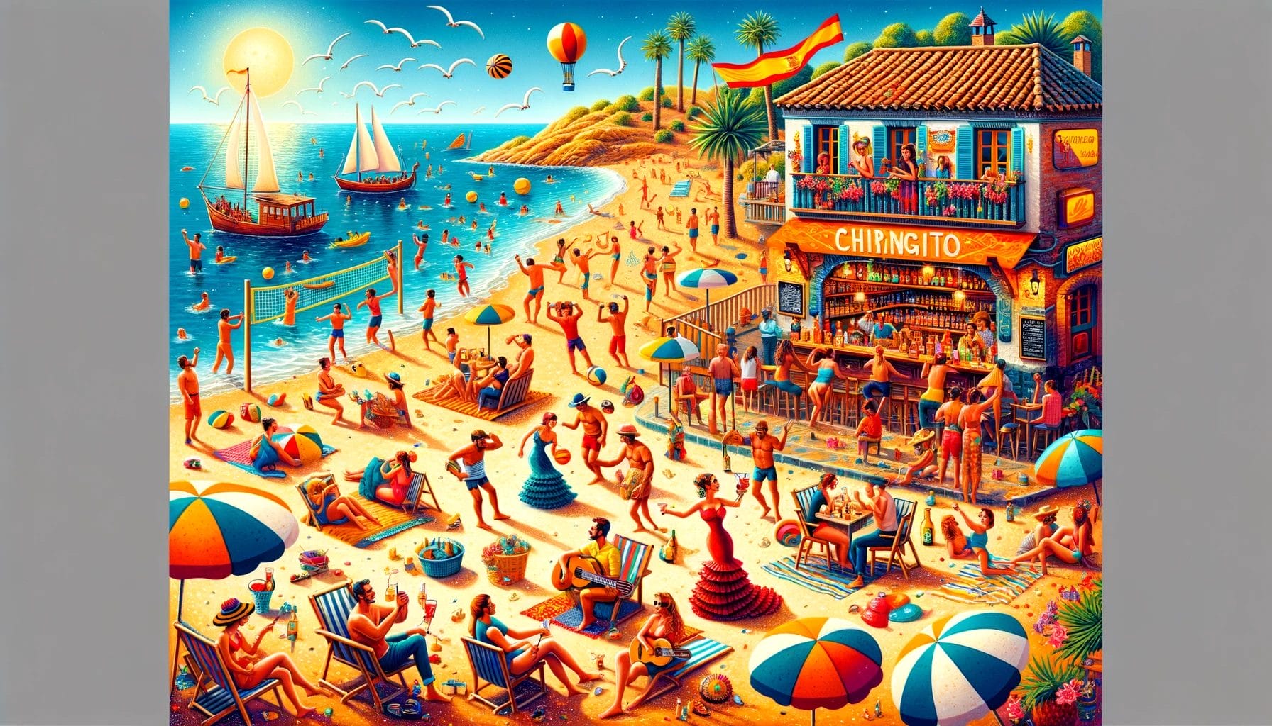 人々とパラソルのあるビーチのシーンを描いた続きの絵。