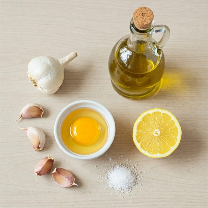 アリオリソースの材料（ニンニク、卵黄、オリーブオイル、レモン、塩）のイラスト