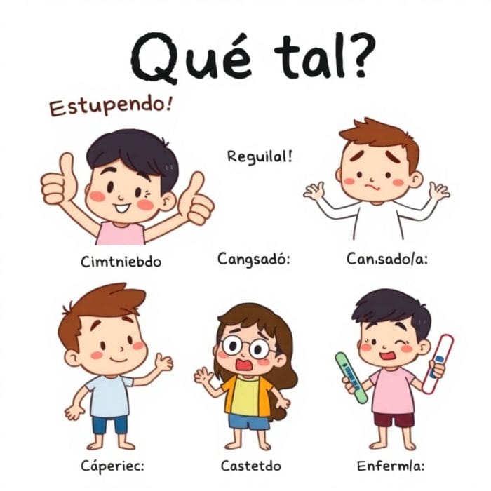 様々な表情で「調子はどう？」に答える人々のイラスト