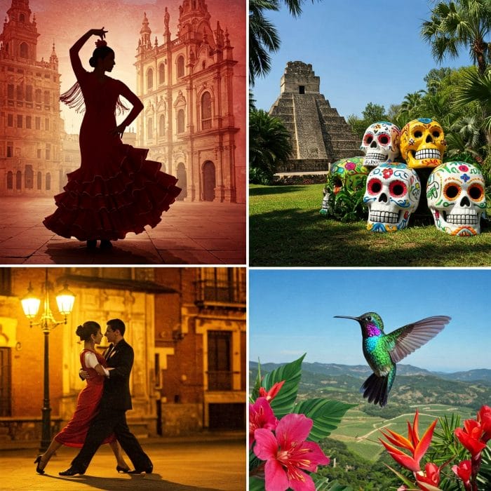 スペイン語圏の多様な文化を示すコラージュイラスト