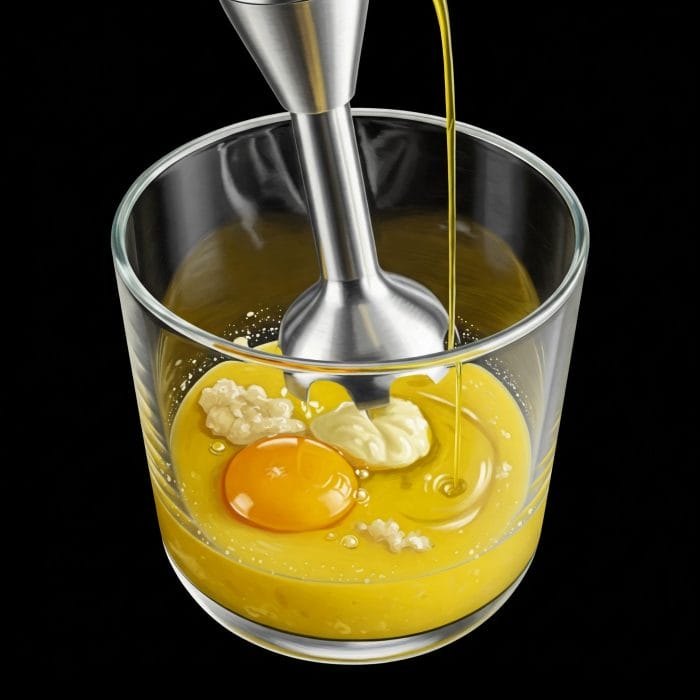 ボウルでアリオリソースを乳化させているイラスト