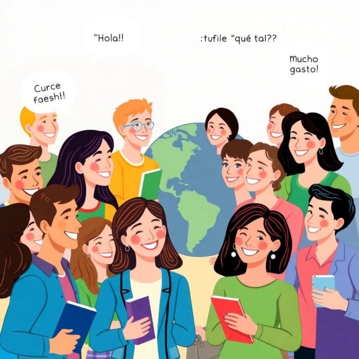 様々な国籍の人々がスペイン語で交流しているイラスト