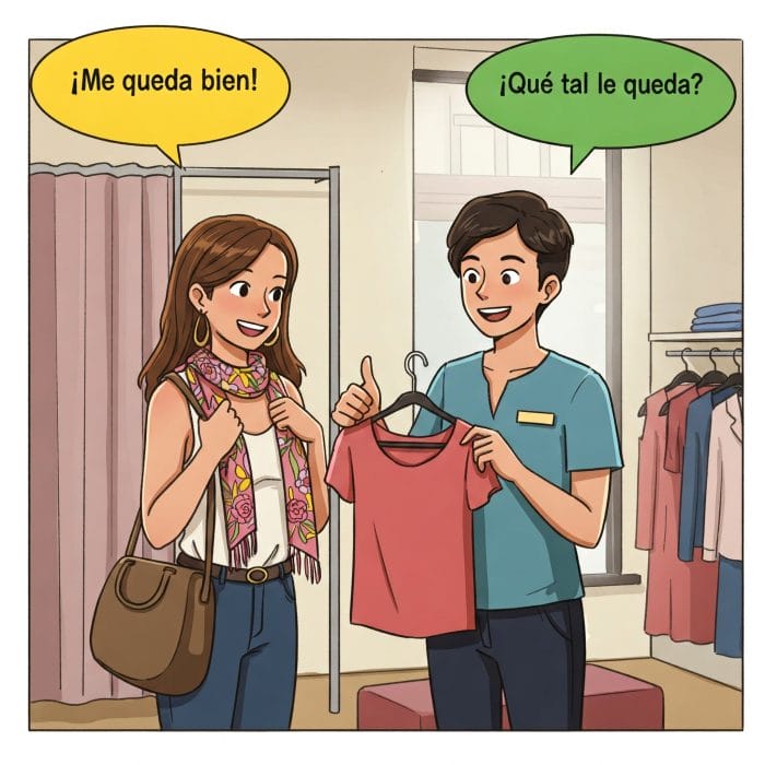 試着室で店員とサイズについて話す客のイラスト