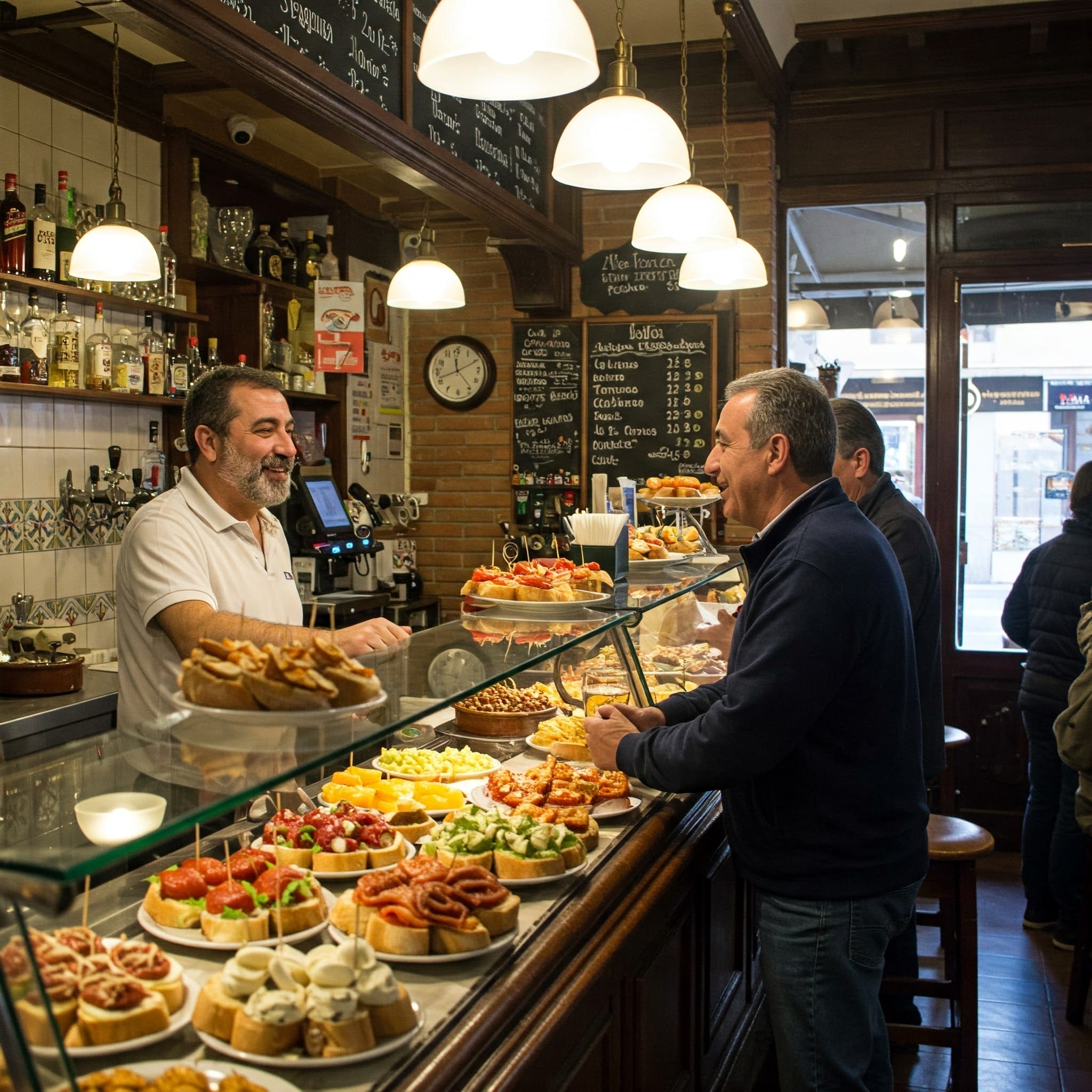 黒板のメニューとボトルが飾られた、居心地の良い明るいスペインのカフェで、男性がさまざまなペストリーとスナックを取り揃えたバーカウンターに立って、笑顔のバーテンダーと話している。.