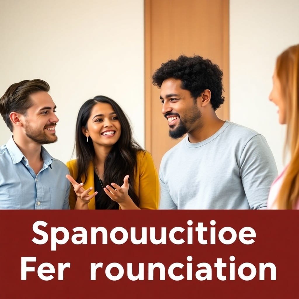 4人が室内で笑顔で立ち話をしています。正面には「Spanouucitioe Fer rounciation（スペインの友情と会話）」と大きく書かれています。この温かい情景は、スペインの友情と会話の精神を捉えています。.