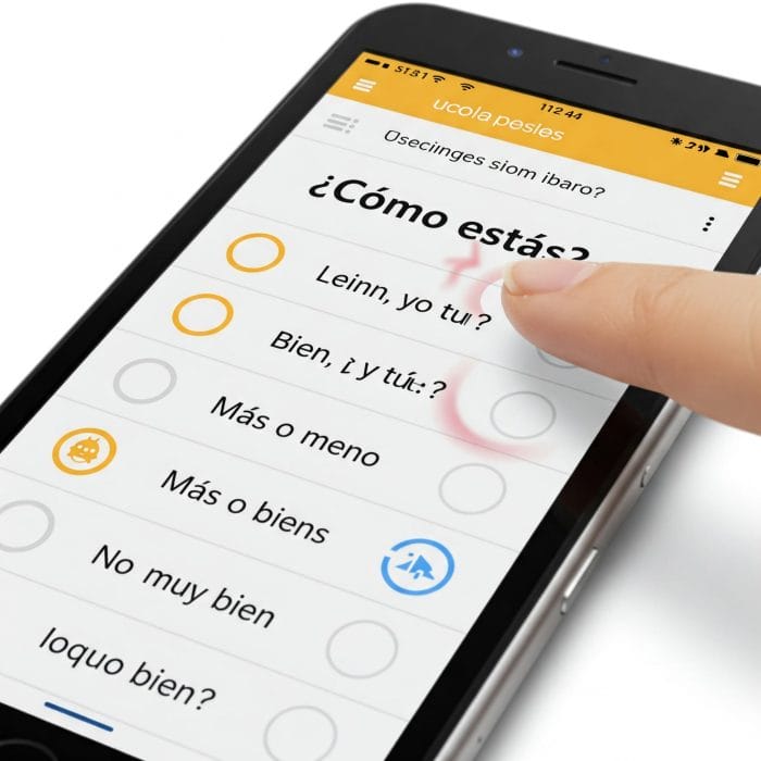 スペイン語学習アプリの画面で「¿Qué tal?」への返答を選ぶ