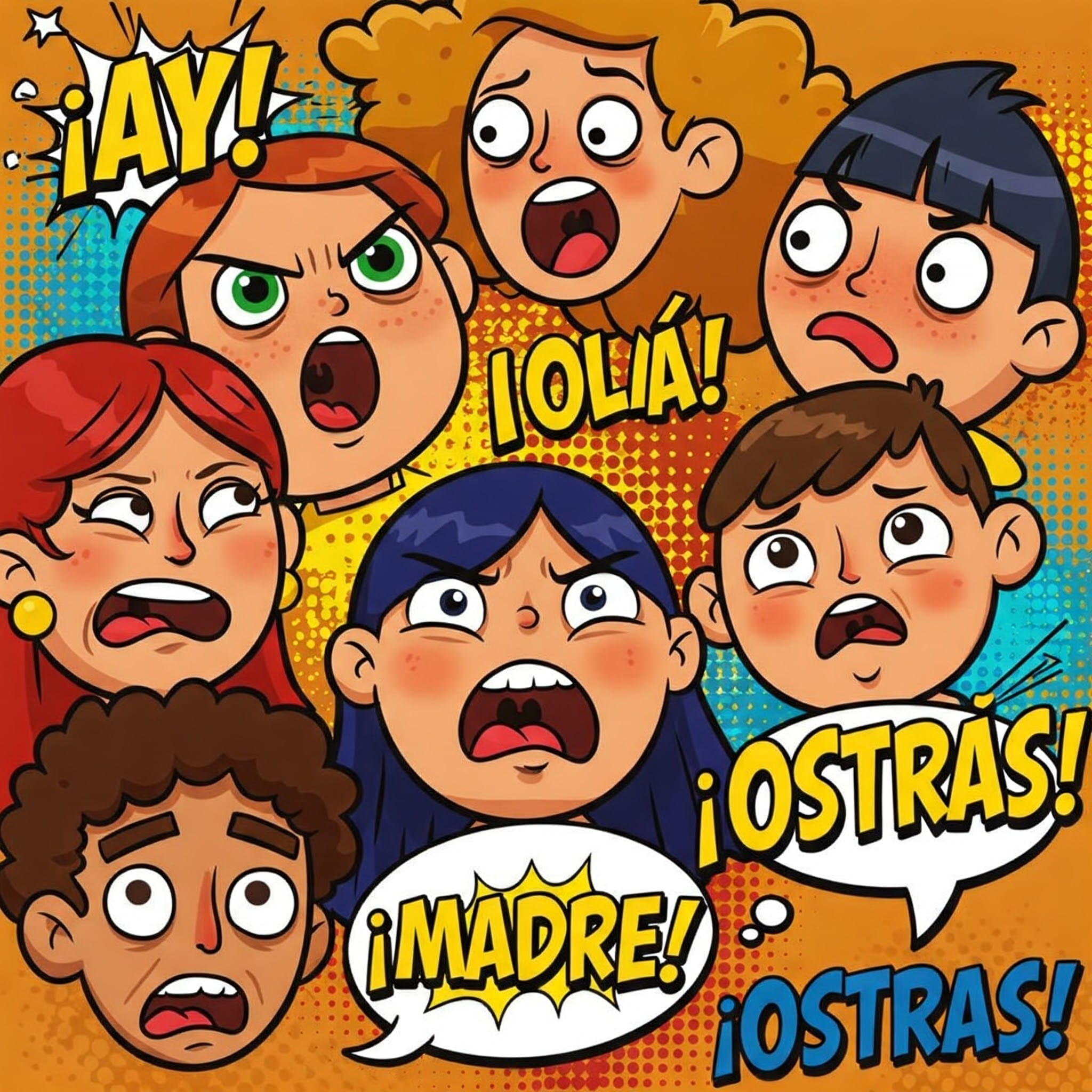 イラスト風の漫画風キャラクターが、スペイン語の吹き出しで「¡Ay!」「¡Olé!」「¡Madre!」「¡Ostras! 」などの叫び声を出して驚きや信じられない気持ちを表現します。.