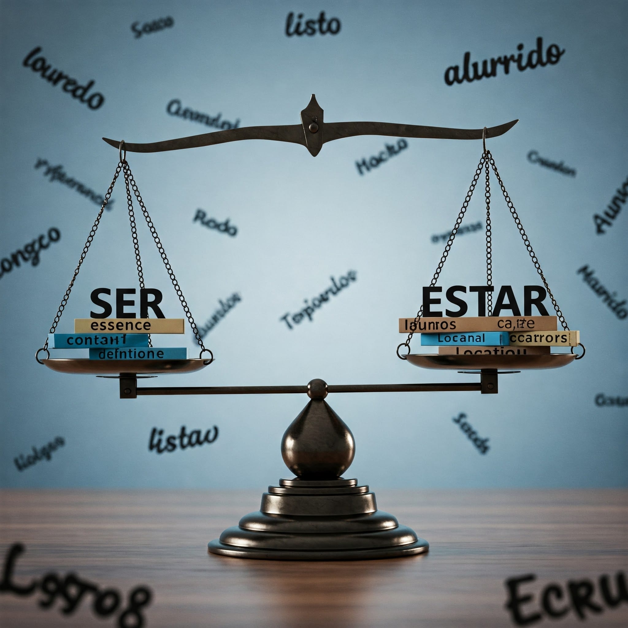 天秤は「ser」と「estar」を、両側に積み重ねられた言語関連の単語と比較します。背景にはスペイン語の単語が散りばめられています。.