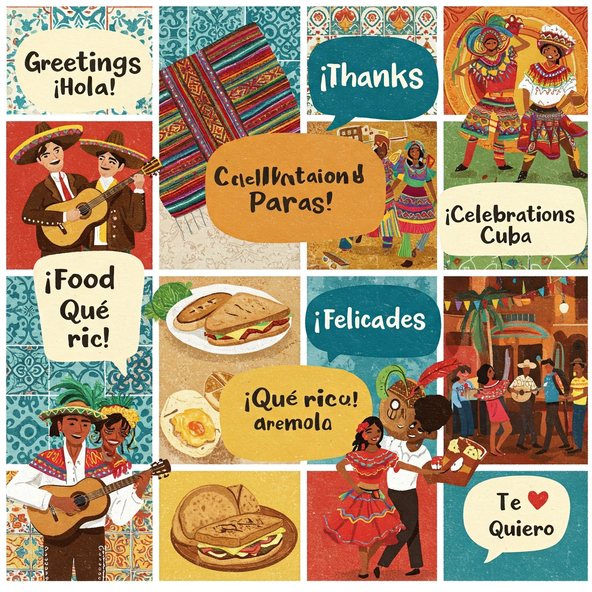 キューバとスペインの伝統にインスピレーションを得た、キューバの文化的要素（伝統的なダンサー、ミュージシャン、食べ物、織物）と「¡Hola!」、「¡Gracias!」、「¡Celebrations Cuba!（キューバおめでとう！）」などのスペイン語のフレーズをフィーチャーしたカラフルなコラージュです。.