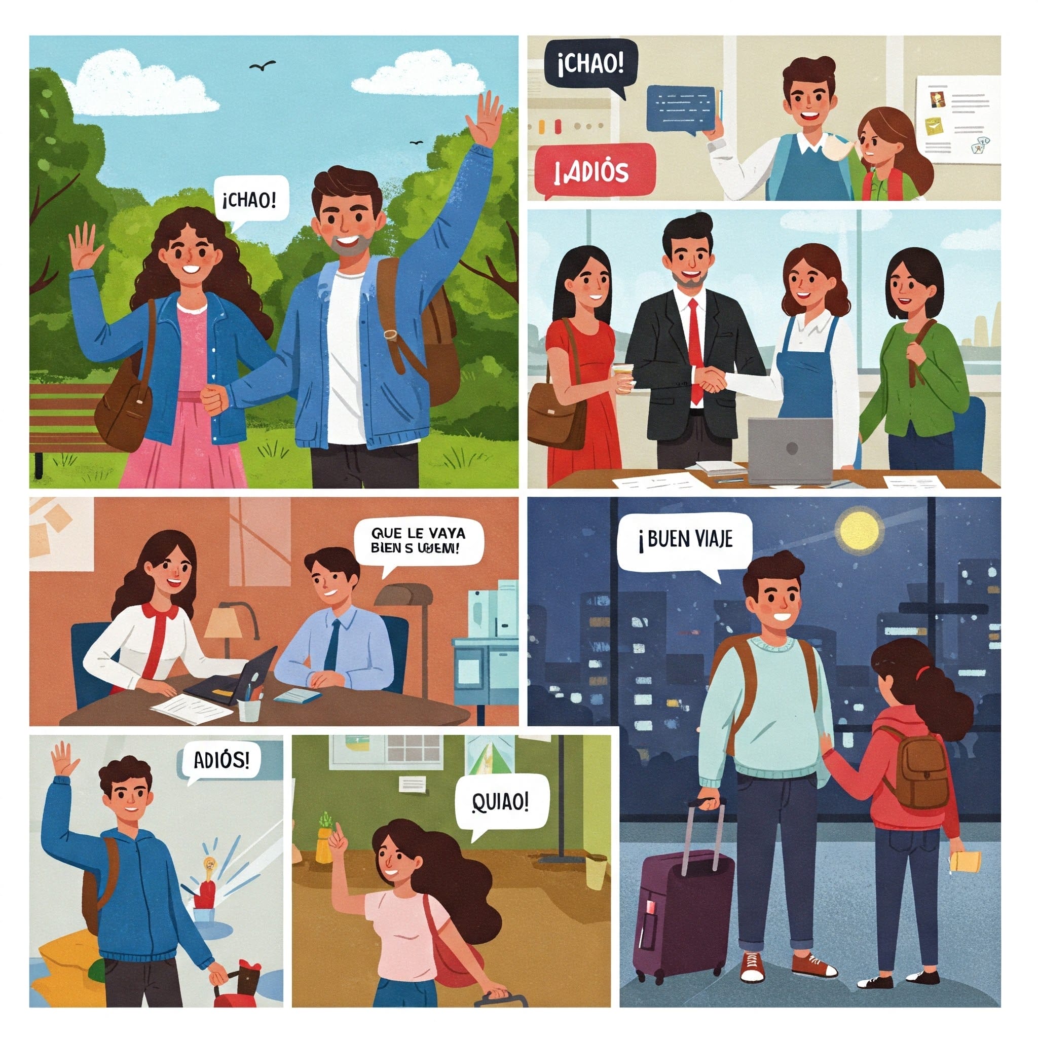 若い男性が友人、同僚、家族にさまざまな場面で別れを告げ、最後に荷物を持って空港に到着し、スペインへの安全な旅を祈る場面で終わります。.