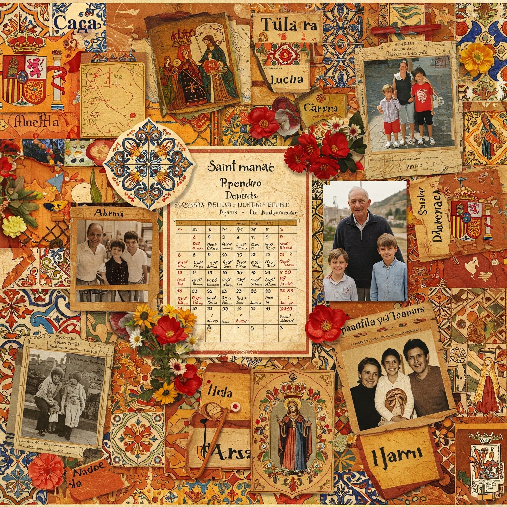 家族の写真、聖人の名前のカレンダー、花、スペインの地図、手書きの名前のコラージュが、装飾的な模様のある華やかでカラフルな背景に配置されています。.