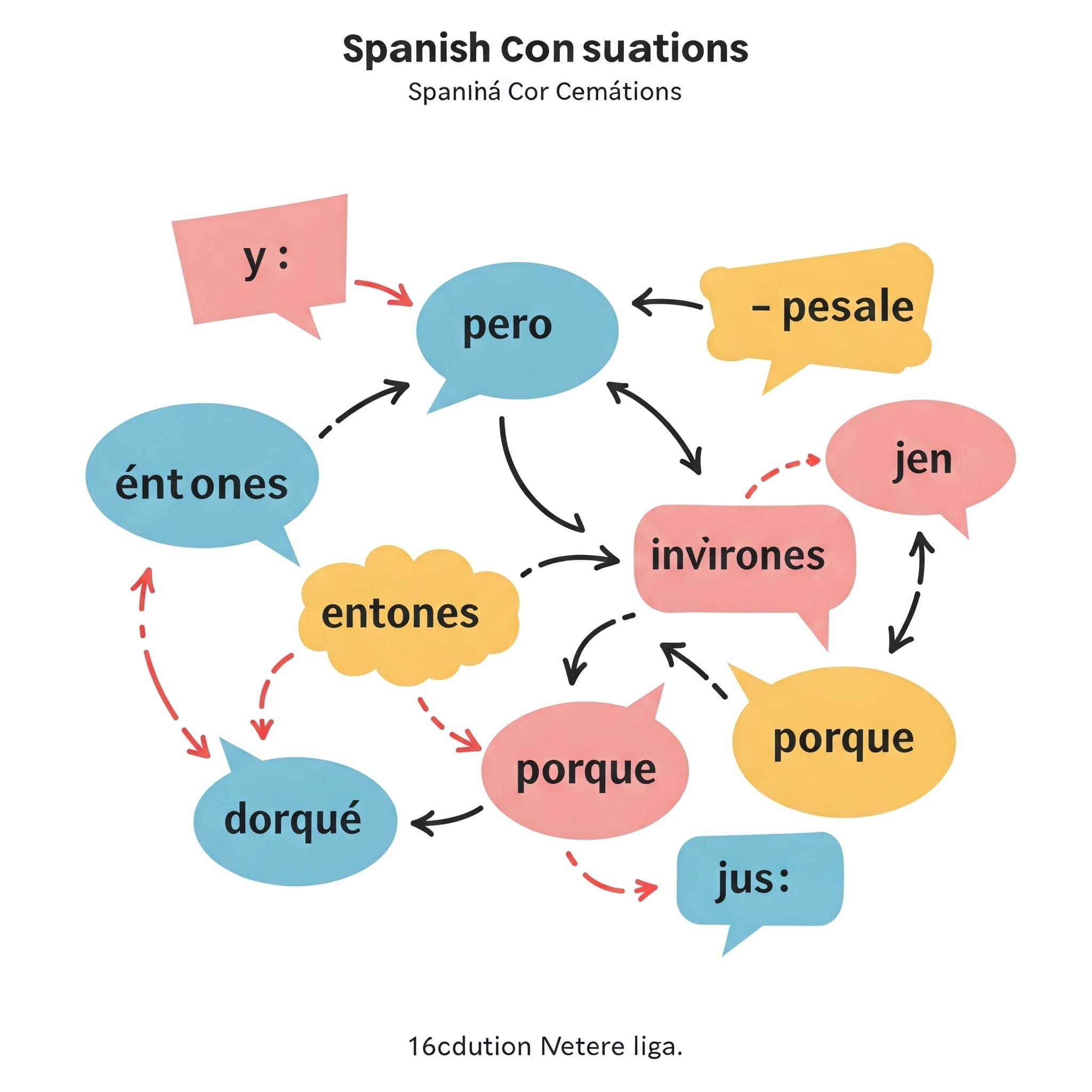 矢印でつながれた色付きのバブル内のスペルミスのあるスペイン語の単語を含むフローチャート。一般的なスペイン語の接続詞と遷移を示しています。.