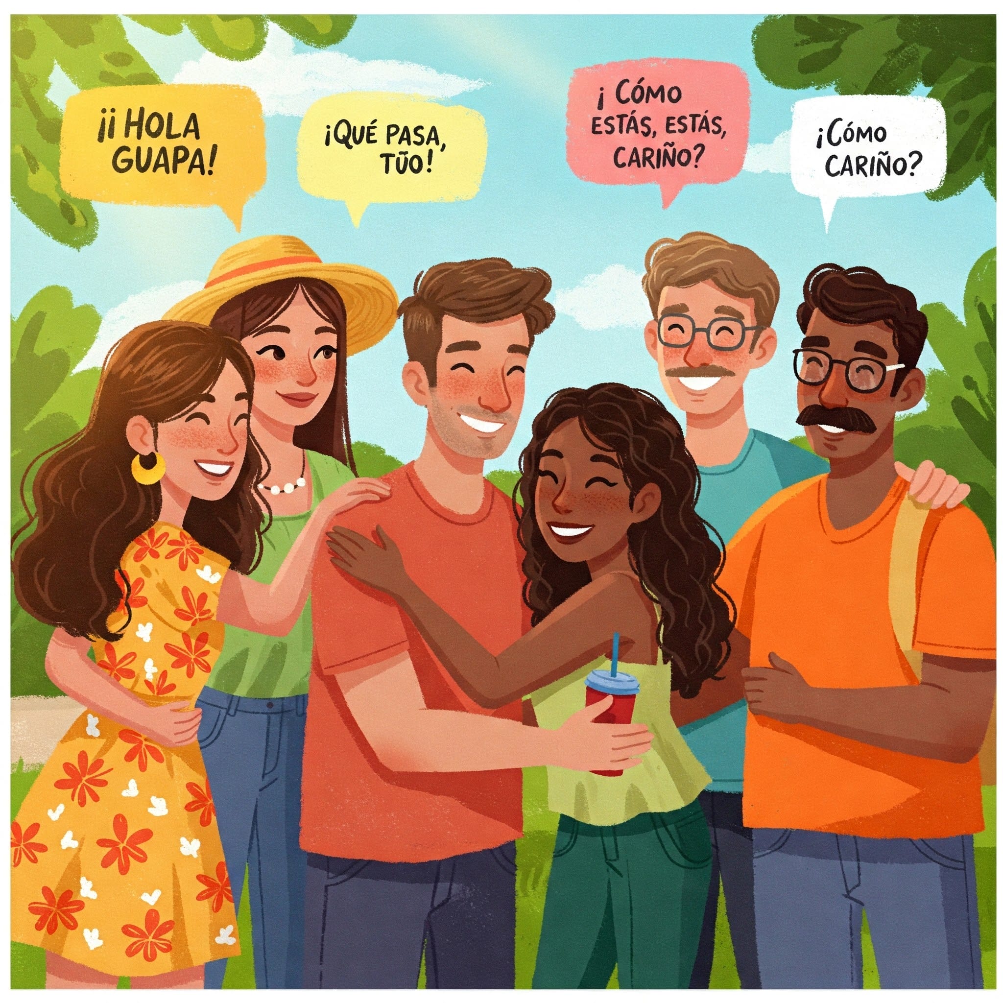 スペインの屋外に6人の人物が立ち、笑顔で話しています。吹き出しにはスペイン語の挨拶が表示され、それぞれが異なる愛情表現を使っています。.