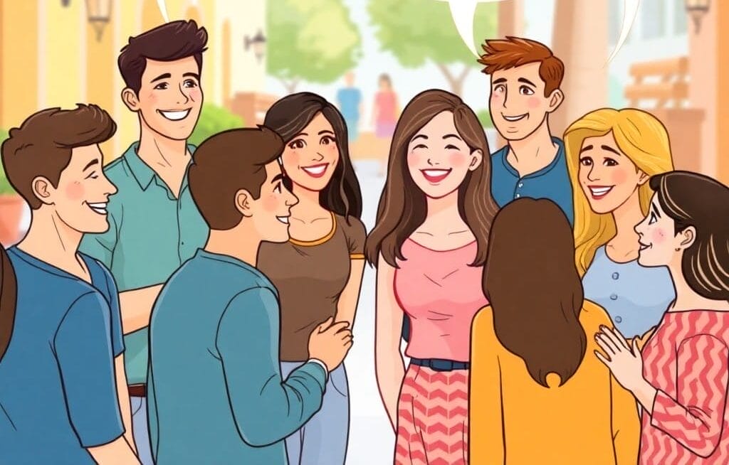 屋外でスペイン語を話しているアニメーション化された人々のグループ。吹き出しにはさまざまな挨拶や返事が書かれています。.