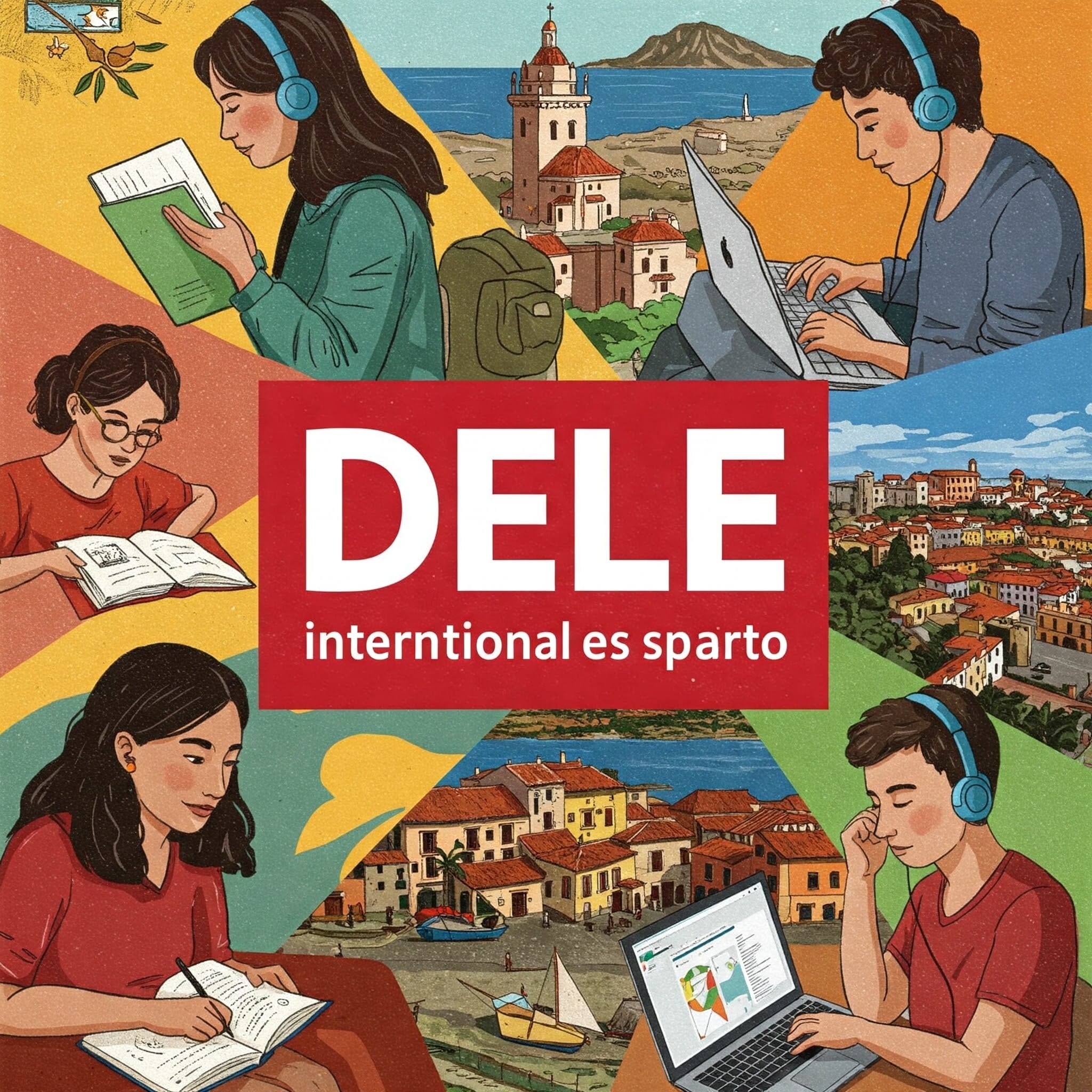 スペインの街の美しい景色を背景に、ヘッドフォンをつけて本やノートパソコンで勉強する人々を描いたイラストコラージュ。中央には「DELE intentional es sparto（意図的な学習）」という文字が書かれています。.