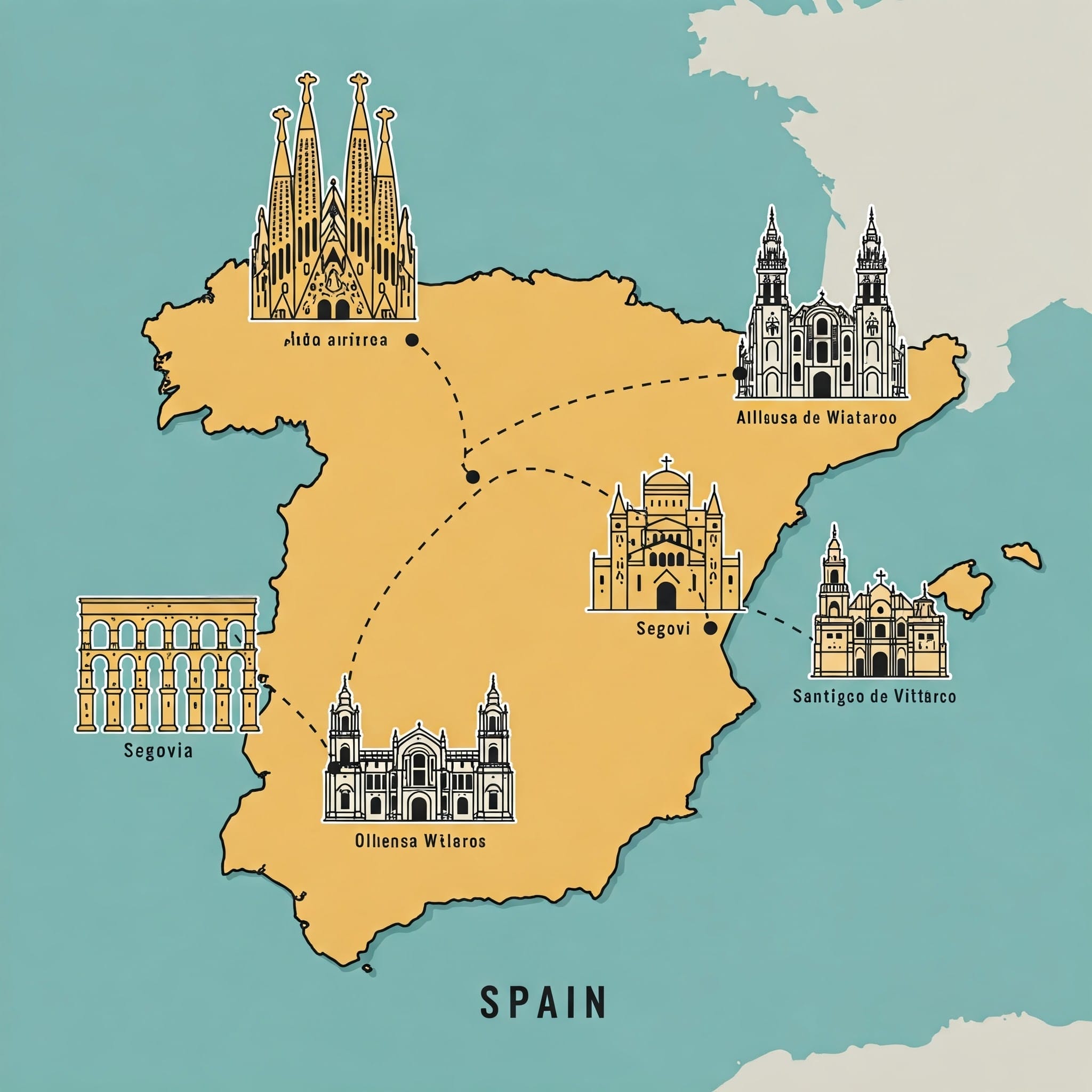 バルセロナのサグラダ・ファミリア、セゴビアの水道橋と大聖堂、サンティアゴ・デ・コンポステーラとアルーサ・デ・ウィアトロの大聖堂などのランドマークを示すスペインのイラスト地図。.