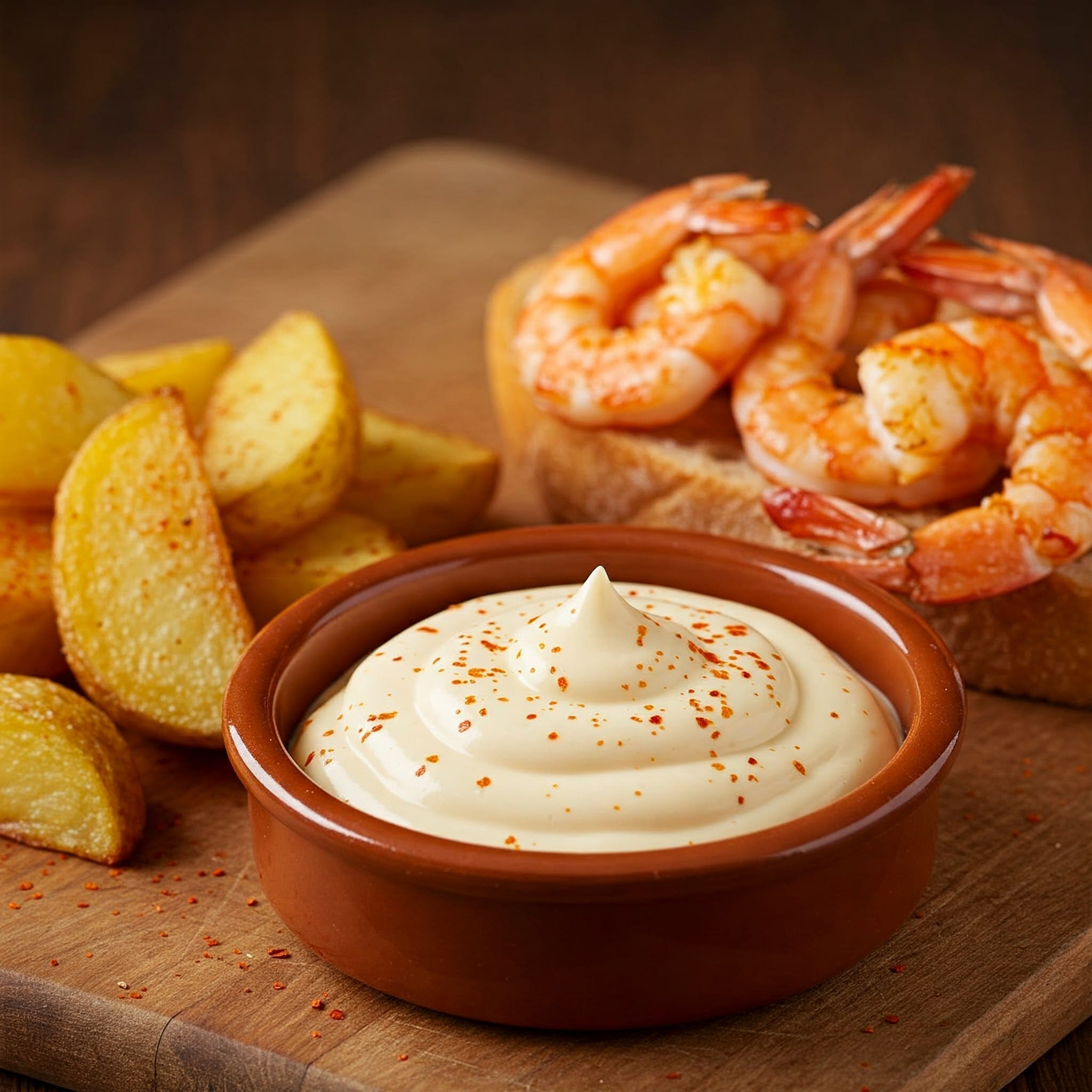 木の板の上に、味付けしたマヨネーズのボウルと、トーストにのせた調理済みのエビ、味付けしたポテトのくさびが置かれています。.