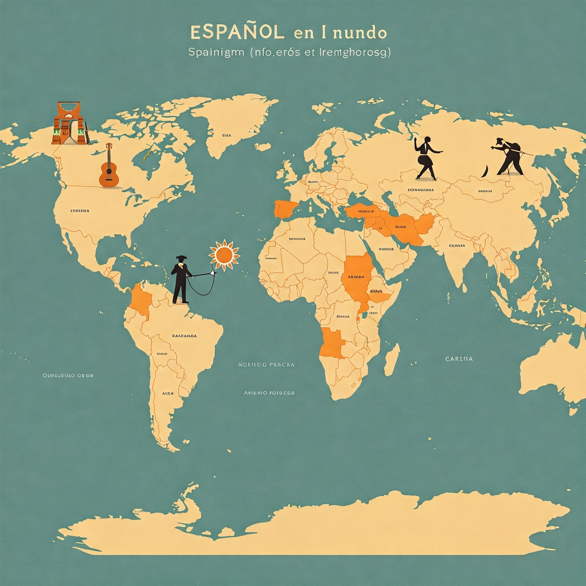 スペイン語圏の地域を描いた世界地図。スペイン、ラテンアメリカ、米国の一部が強調表示され、ギター、ダンサー、フラメンコ演奏者のアイコンが描かれています。.