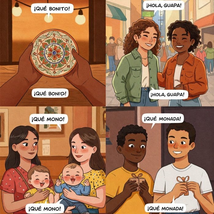 スペイン語の「かわいい」を使う様々な場面のイラスト（子供、女性、子犬、雑貨）