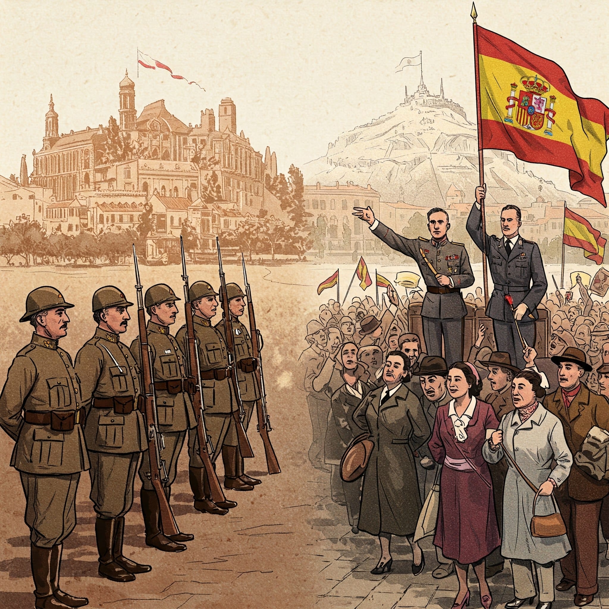 軍将校が兵士とスペイン国旗を掲げた群衆に演説しており、背景には装飾的な建物と丘の上の記念碑がある。.