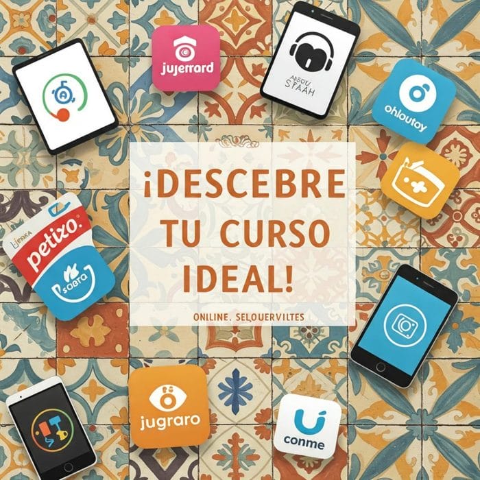 スペインタイル風の背景にオンラインスペイン語サービスのロゴやアイコンが配置され、中央に「¡Descubre tu curso ideal!」の文字。