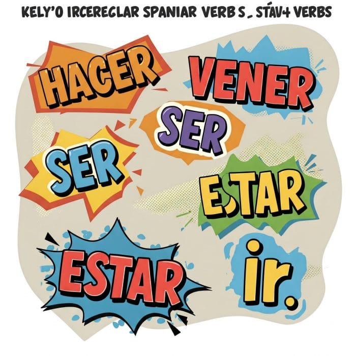 スペイン語の不規則動詞の例（hacer, venir, ser, estar, ir）が目立つようにデザインされた画像