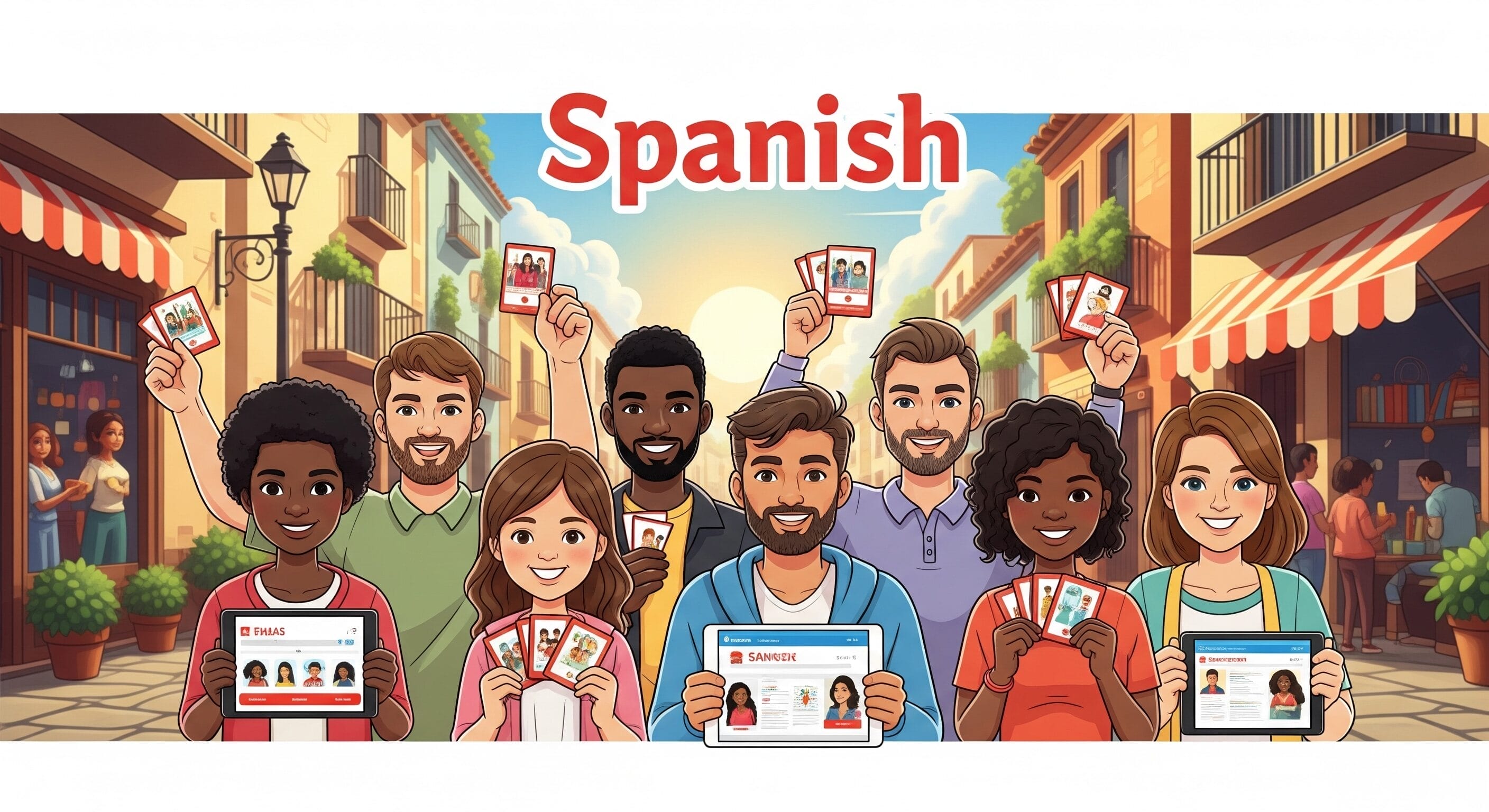 さまざまな人々が屋外に立ち、フラッシュカードやタブレットなど、上部に「スペイン語」と書かれたスペイン語学習教材を持っています。.