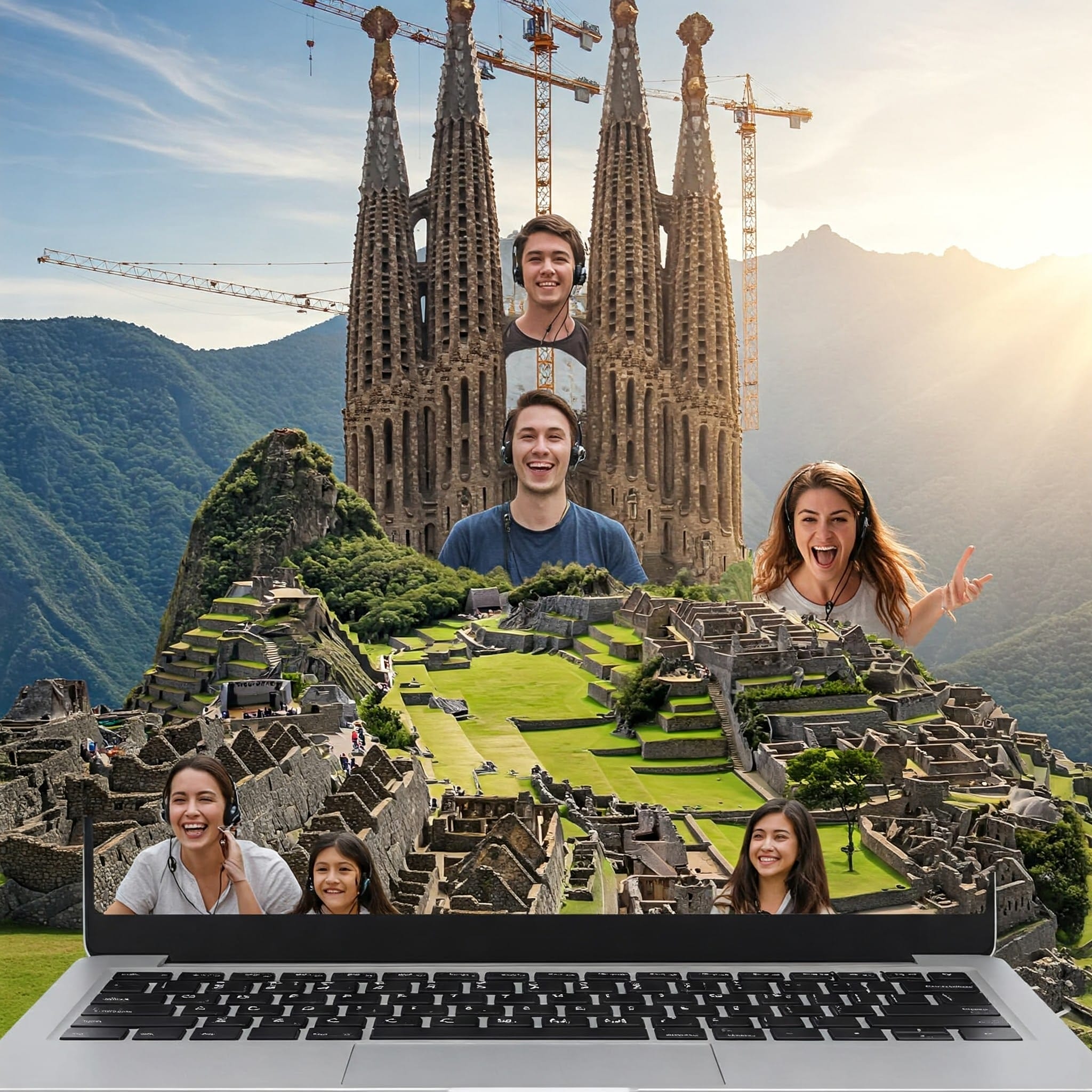 ノートパソコンには、サグラダ・ファミリアやマチュピチュなどのランドマークと合成された人々の顔の編集画像が表示され、仮想世界と現実世界の旅行シーンが融合しています。.