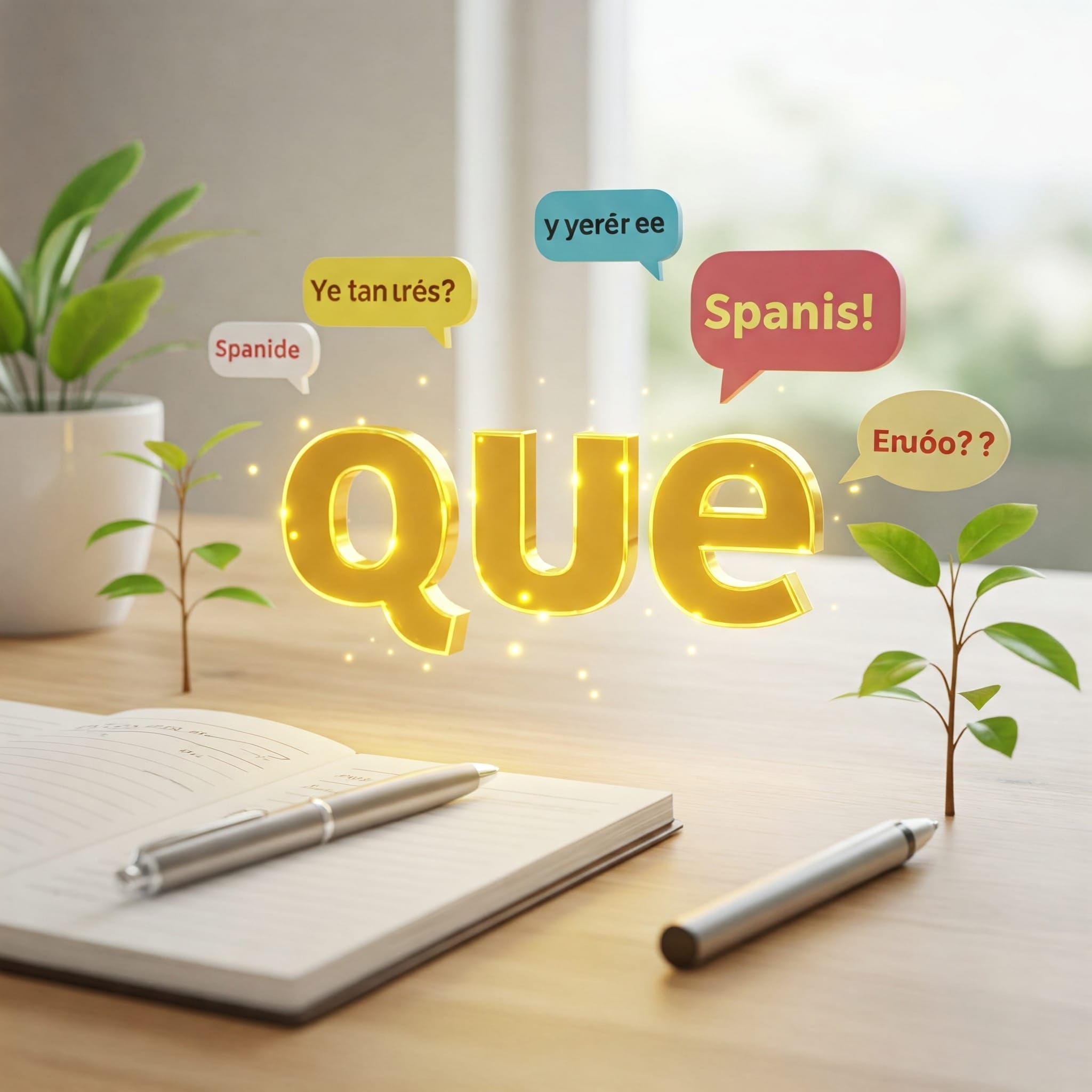 3D の金色の単語「que」が、開いたノート、ペン、小さな植物、スペイン語のフレーズが書かれたカラフルな吹き出しが置かれた机の上に浮かんでいます。.