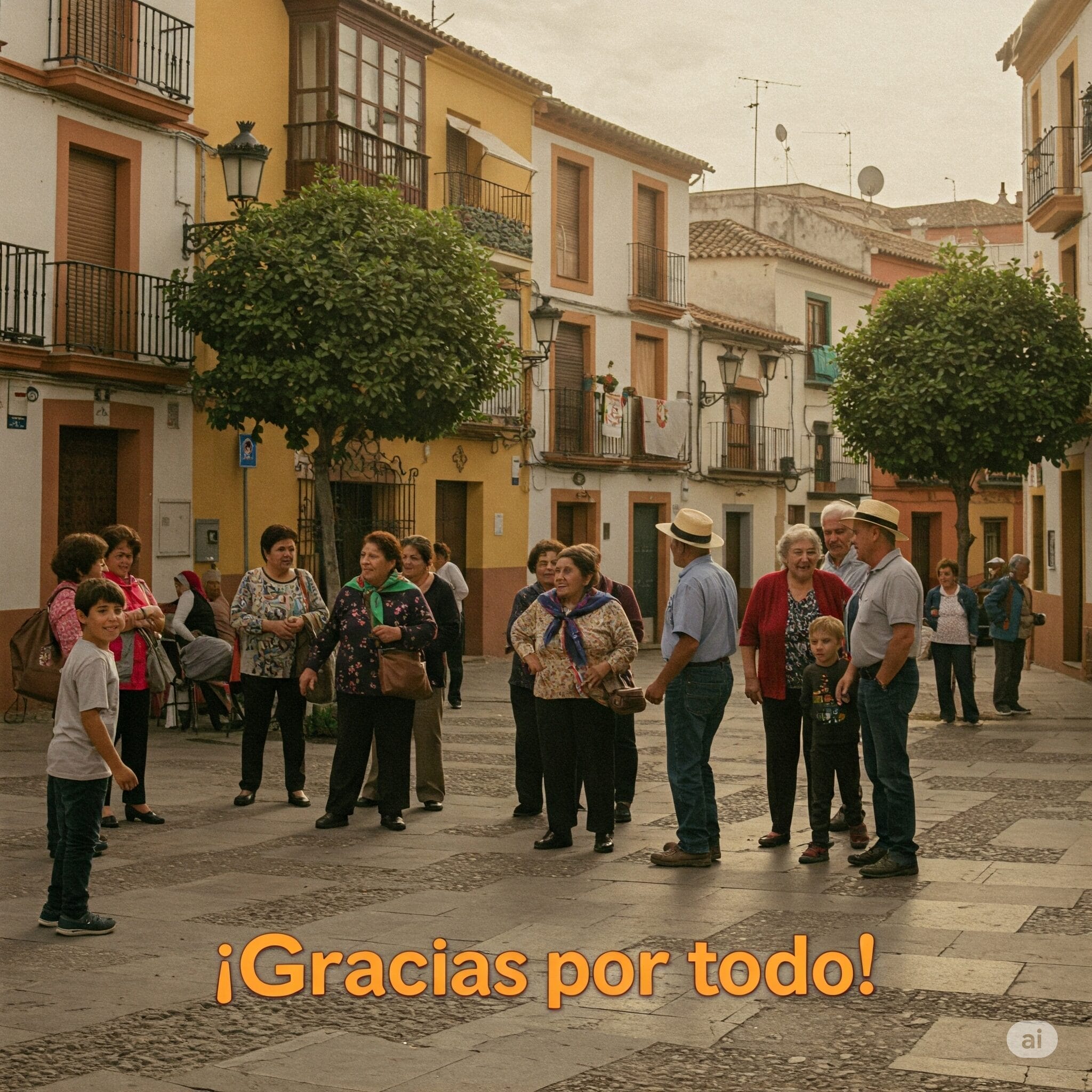 スペインの村の広場で、色とりどりの建物や木々に囲まれた人々が立ち話をしている。その下部には「¡Gracias por todo!（皆さん、ありがとう！）」と書かれている。.