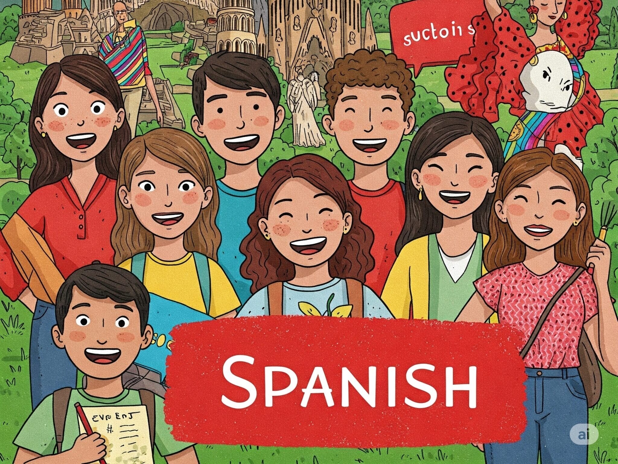 スペインのランドマークと山の前に、笑顔の人々が立ち、「Spanish（スペイン）」と書かれた赤い看板を持っています。背景の右側にはフラメンコダンサーがいます。.