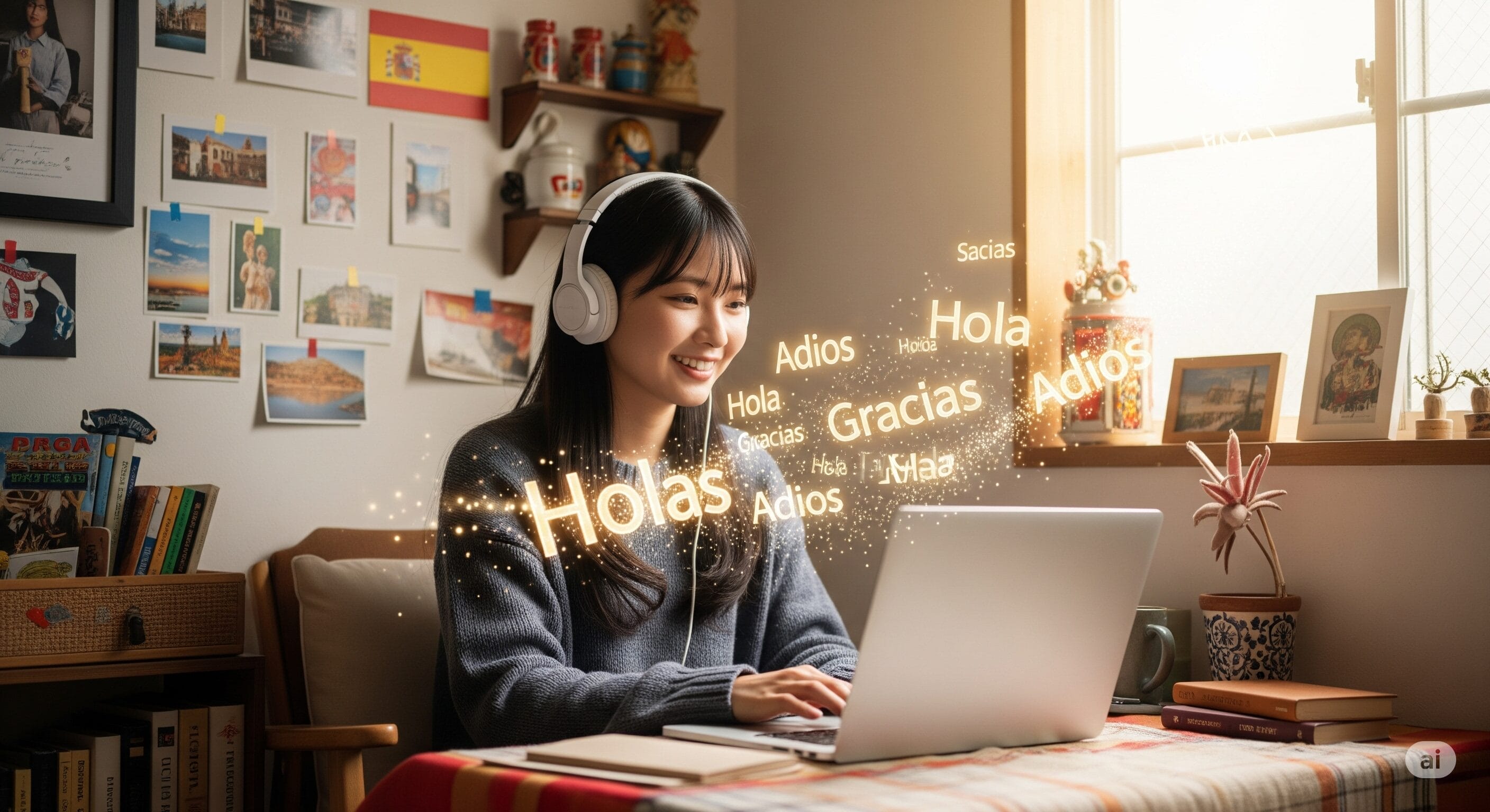 ヘッドフォンを着けた女性が、スペインをテーマにした装飾に囲まれた机の前にノートパソコンを持って座り、周囲にはスペイン語の挨拶やフレーズがデジタルで表示されている。.